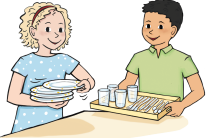 Cartoon mit einem Jungen und einem Mädchen einen Tisch mit Tellern, Gläsern und Besteck decken