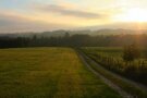 Blick auf Feld mit Wald und Sonnenaufgang im Hintergrund