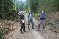 Gruppenfoto (v. l.): Jörg Meyer, Forstbetriebsleiter des Forstbetriebs Schliersee, Korbinian Wolf, Bereichsleiter Forsten am AELF Holzkirchen, Alexander Mayr, Vorsitzender der Walbesitzervereinigung (WBV) Holzkirchen