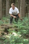 Waldbesitzer mit  gepflanzter Tanne vor gefällter Fichte