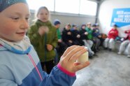 Mädchen schüttelt Gefäß mit Sahne zu Butter, dahinter sitzen Kinder auf Bänken