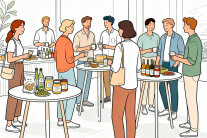 Grafische Darstellung von Personen, die um Stehtische in einem Raum stehen © Perplexity (KI)