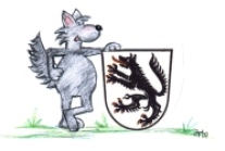 Skizze eines grauen Wolfes, der an einem Wappenschild lehnt.