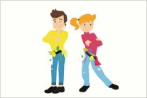 Cartoon mit einem Jungen und einem Mädchen die mit Putzsachen im Gürtel frech dastehen