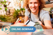 Hand streckt Geldkarte aus zu Mann mit Kartenlesegerät, Schriftzug Online-Seminar© Robert Kneschke - stock.adobe.com